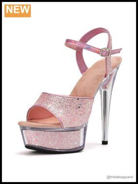Glitter Platform Stiletto Heeled Sandals Open Toe Ankle Strap Party Heels
